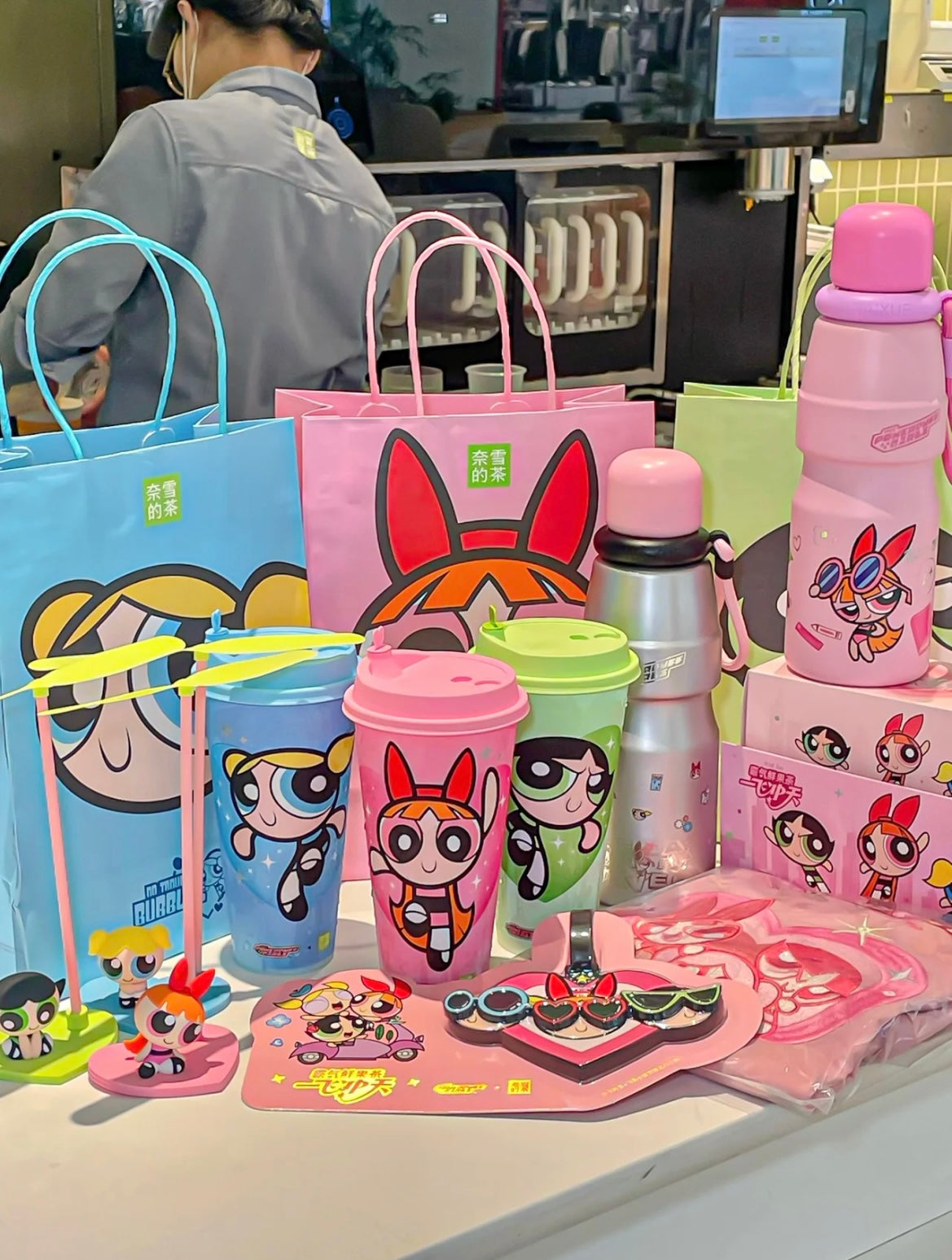 Naixue Tea X Powerpuff Girls Stainless Steel Cup +Bag Sets Stickers Cute Kawaii