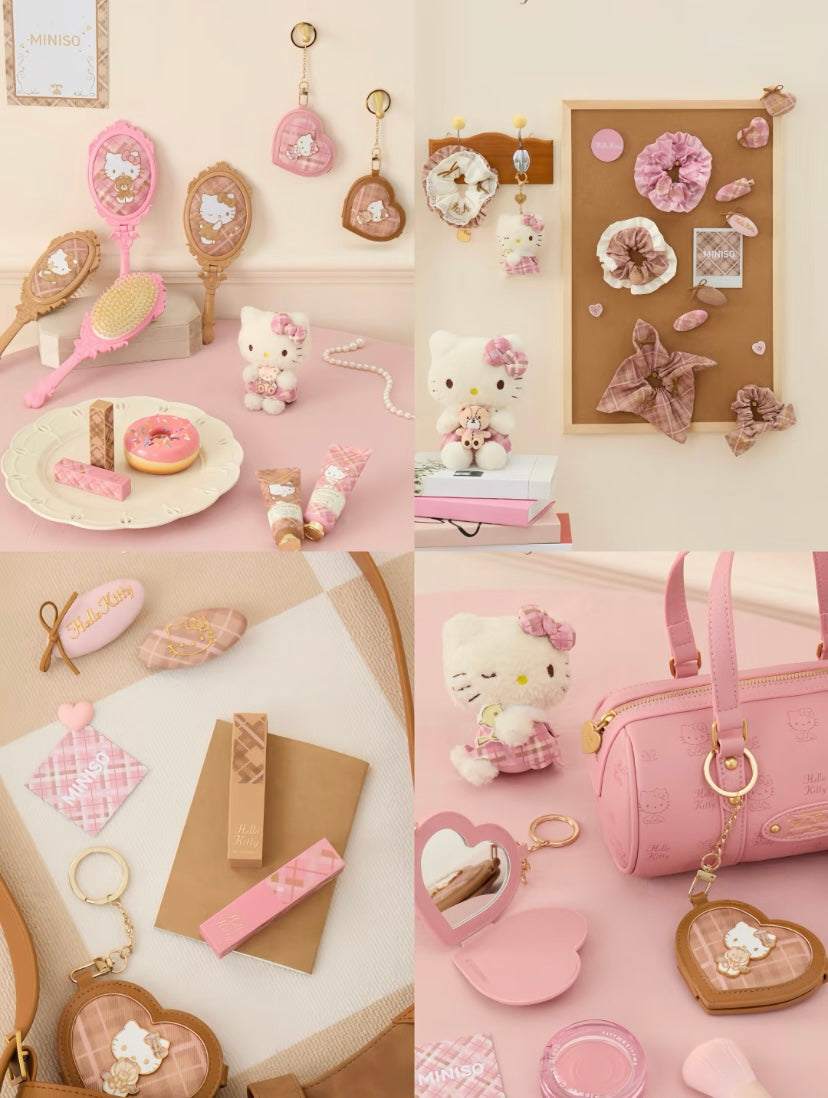 [Authantic] Miniso land Sanrio Hello Kitty Bag Mirror Plushy Pillow Hair Clip Retro Plaid Series