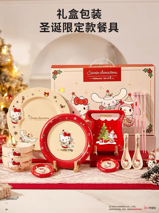 Sanrio Cute Christmas 10 Pcs Dinnerware Set Hello Kitty Ceramic Tableware