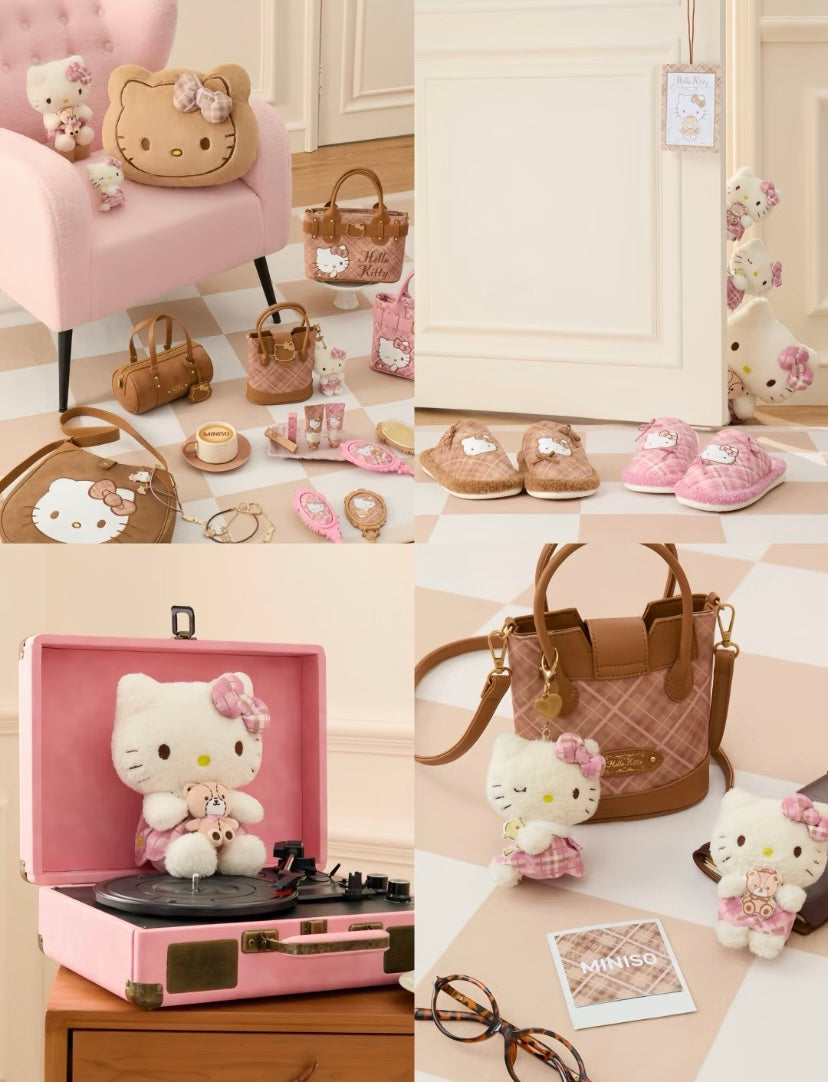 [Authantic] Miniso land Sanrio Hello Kitty Bag Mirror Plushy Pillow Hair Clip Retro Plaid Series
