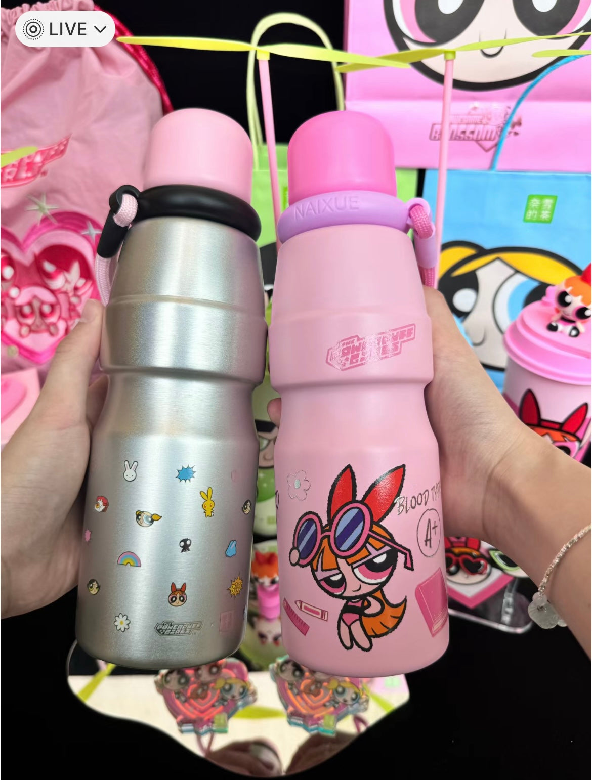 Naixue Tea X Powerpuff Girls Stainless Steel Cup +Bag Sets Stickers Cute Kawaii