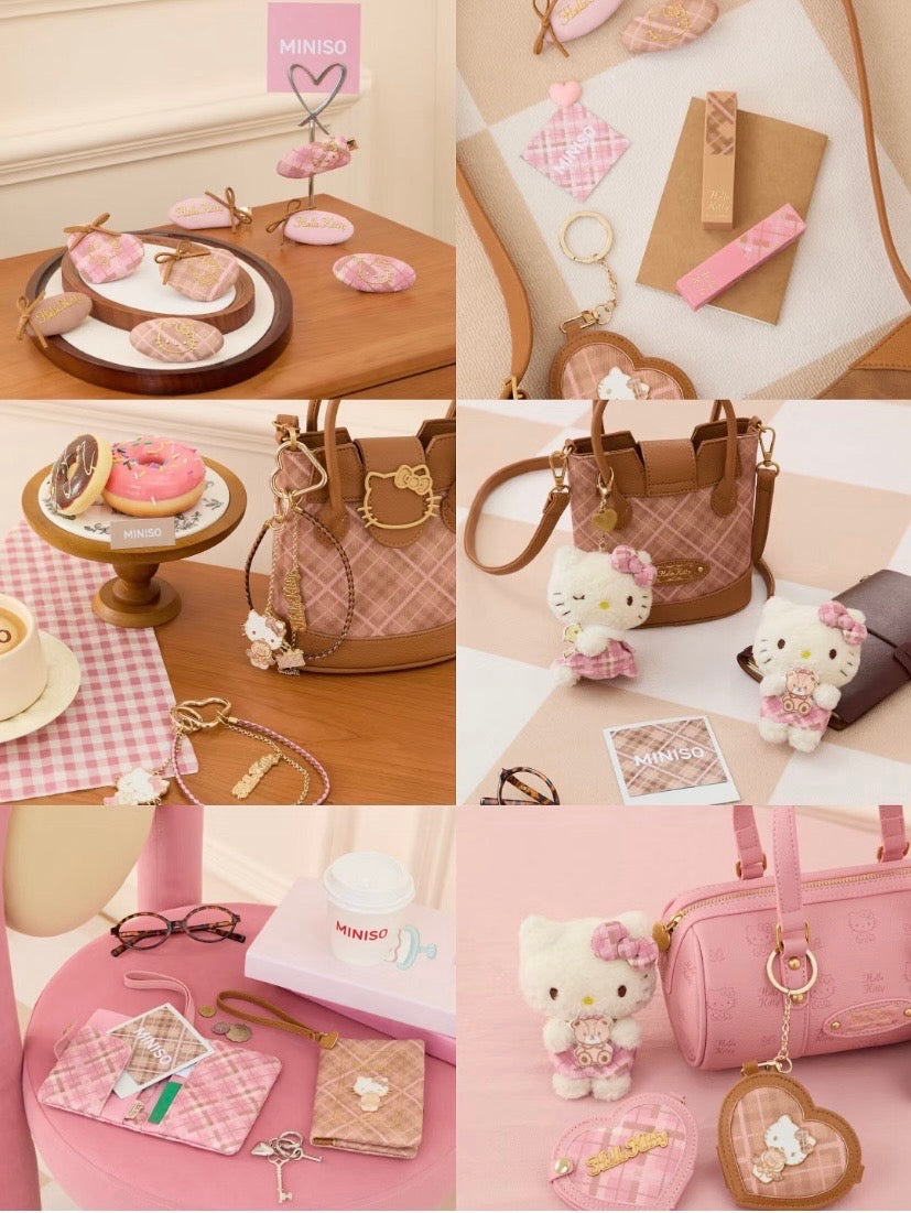 [Authantic] Miniso land Sanrio Hello Kitty Bag Mirror Plushy Pillow Hair Clip Retro Plaid Series