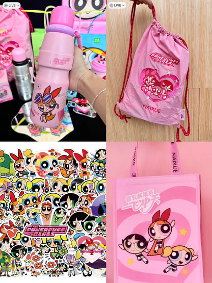 Naixue Tea X Powerpuff Girls Stainless Steel Cup +Bag Sets Stickers Cute Kawaii