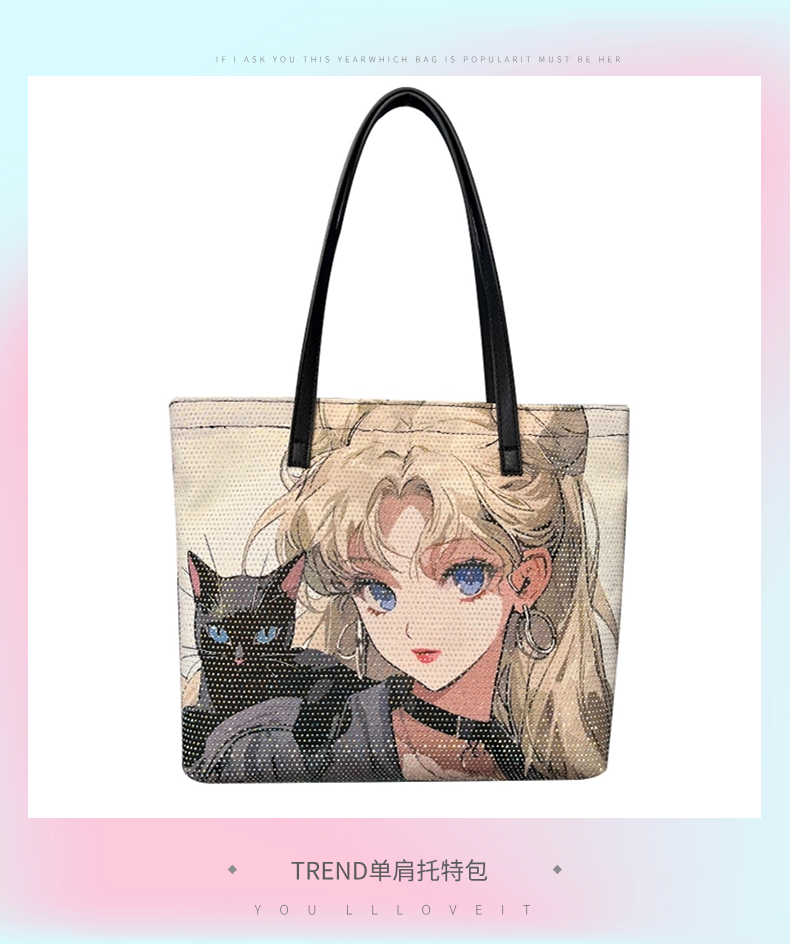 [FREE SHIPPING] Sailormoon Rhinestones Bling Tote Bag Sailor Moon Canvas Shoulder Bag