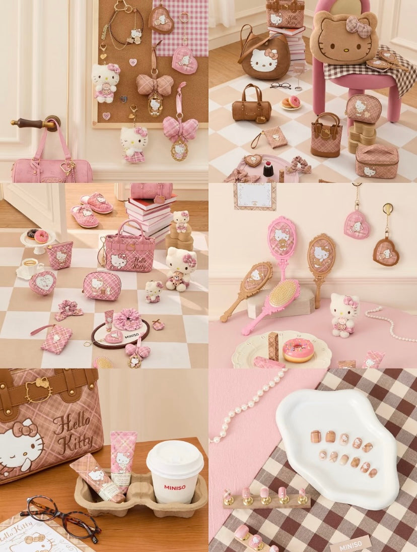 [Authantic] Miniso land Sanrio Hello Kitty Bag Mirror Plushy Pillow Hair Clip Retro Plaid Series