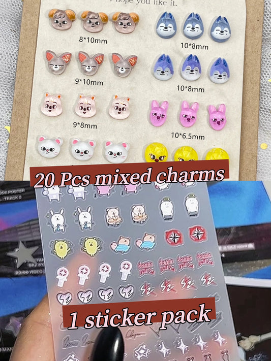 K-pop Skzoo Stray Kids Nail Charms pack of 20 mixed designs + sticker pack